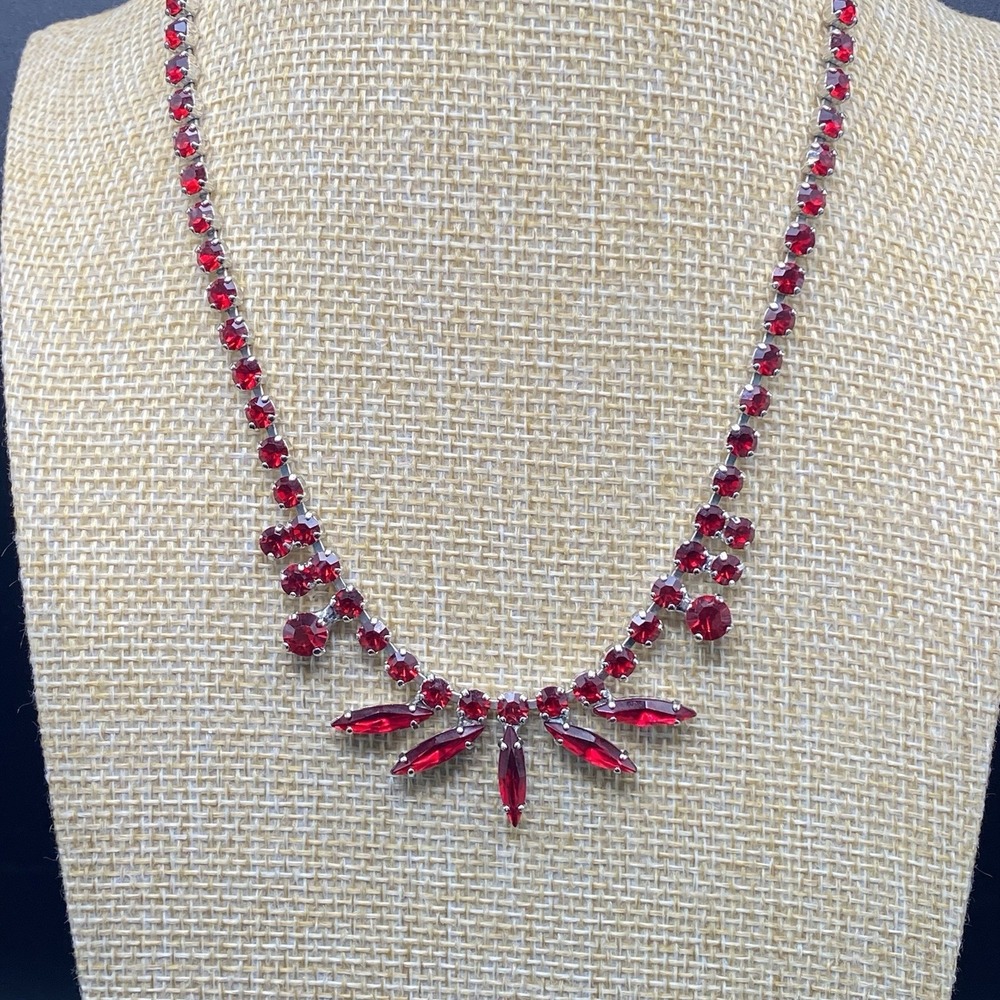Unsigned Sterling Silver Bib Necklace Vintage Siam Red Crystal 16"
